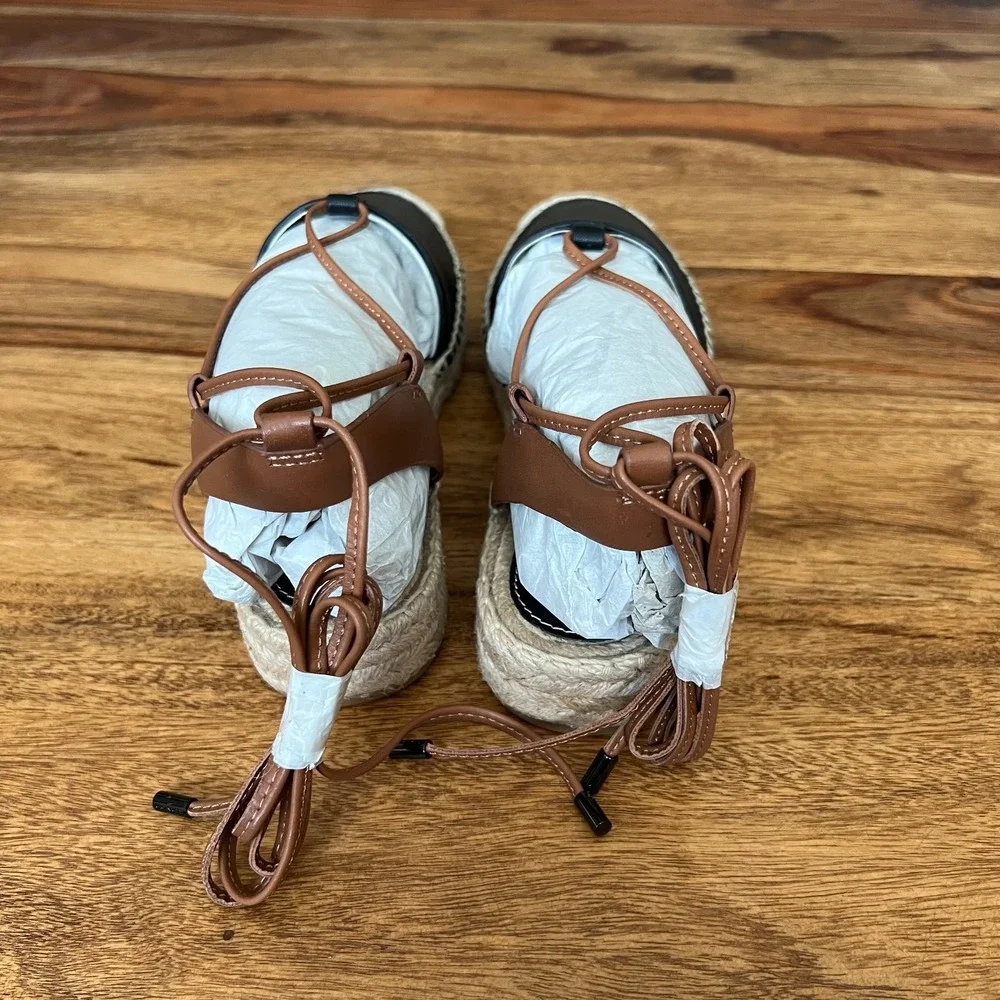 Coach Rita Espadrille Sandals – Black/Tan Leather Lace-Up Flats Size 5.5 - Picture 8 of 11